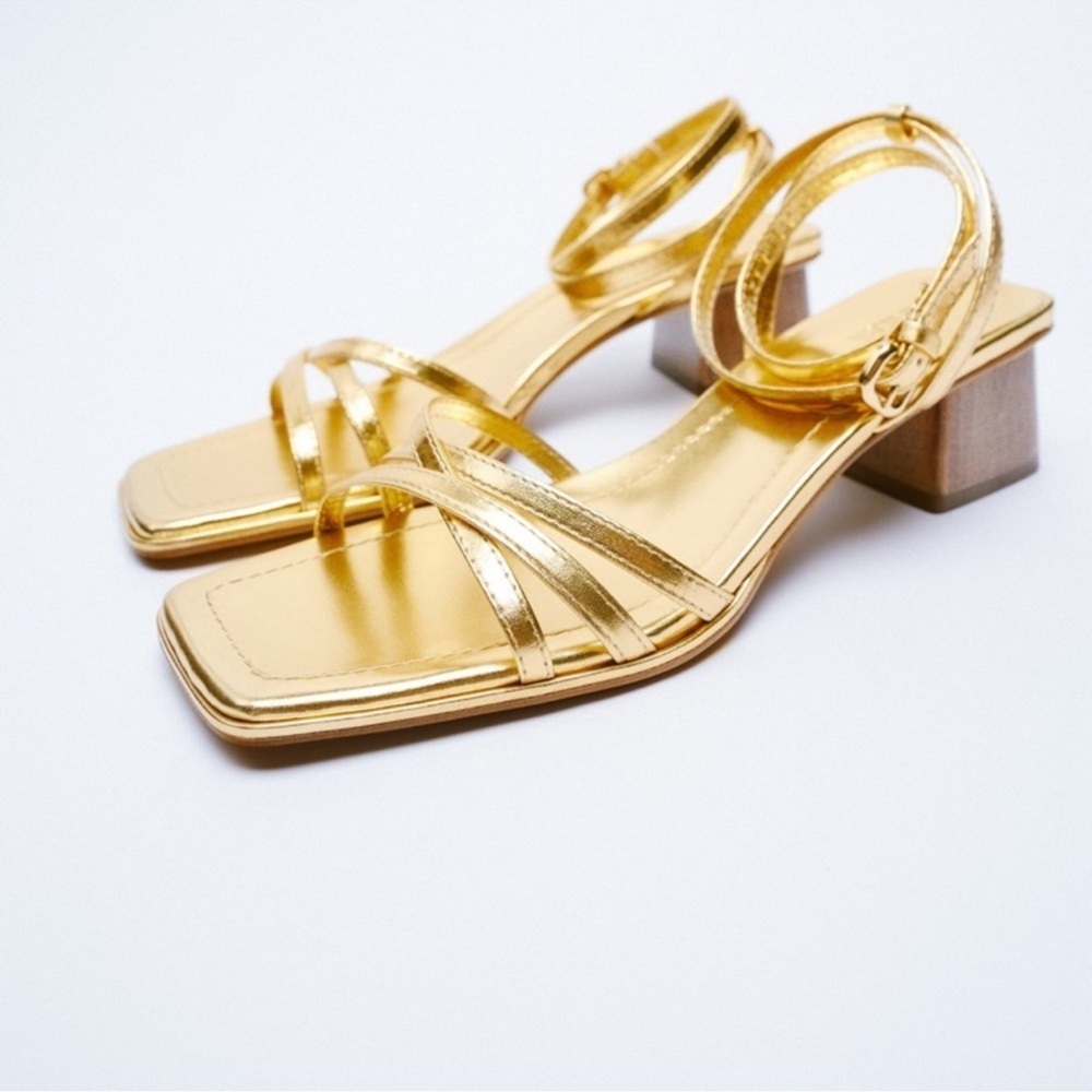 Zara Ankle Wrap Gold Block Heeled Sandal Size 40 - Picture 3 of 14